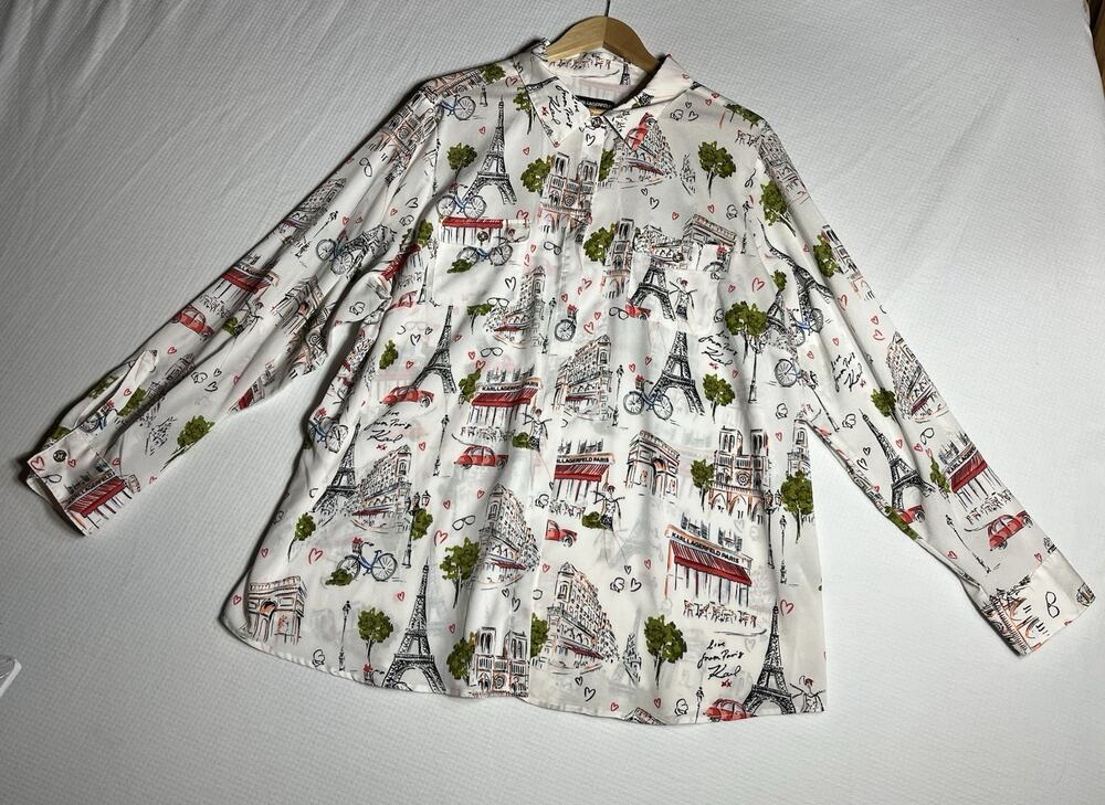 Karl Lagerfeld Top Women’s 2X White Red Button Up Whimsical Eiffel Tower Print